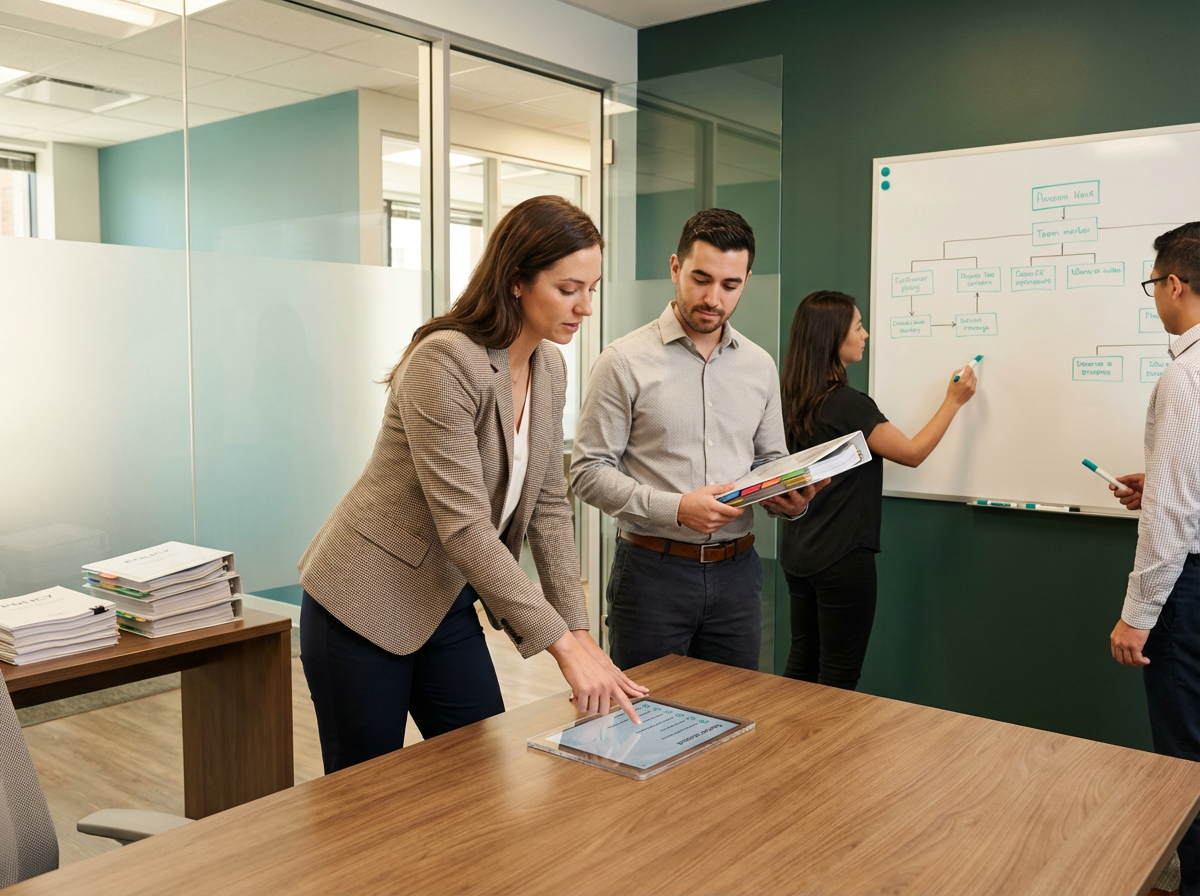 A compliance consultant implementing policies in a modern office environment