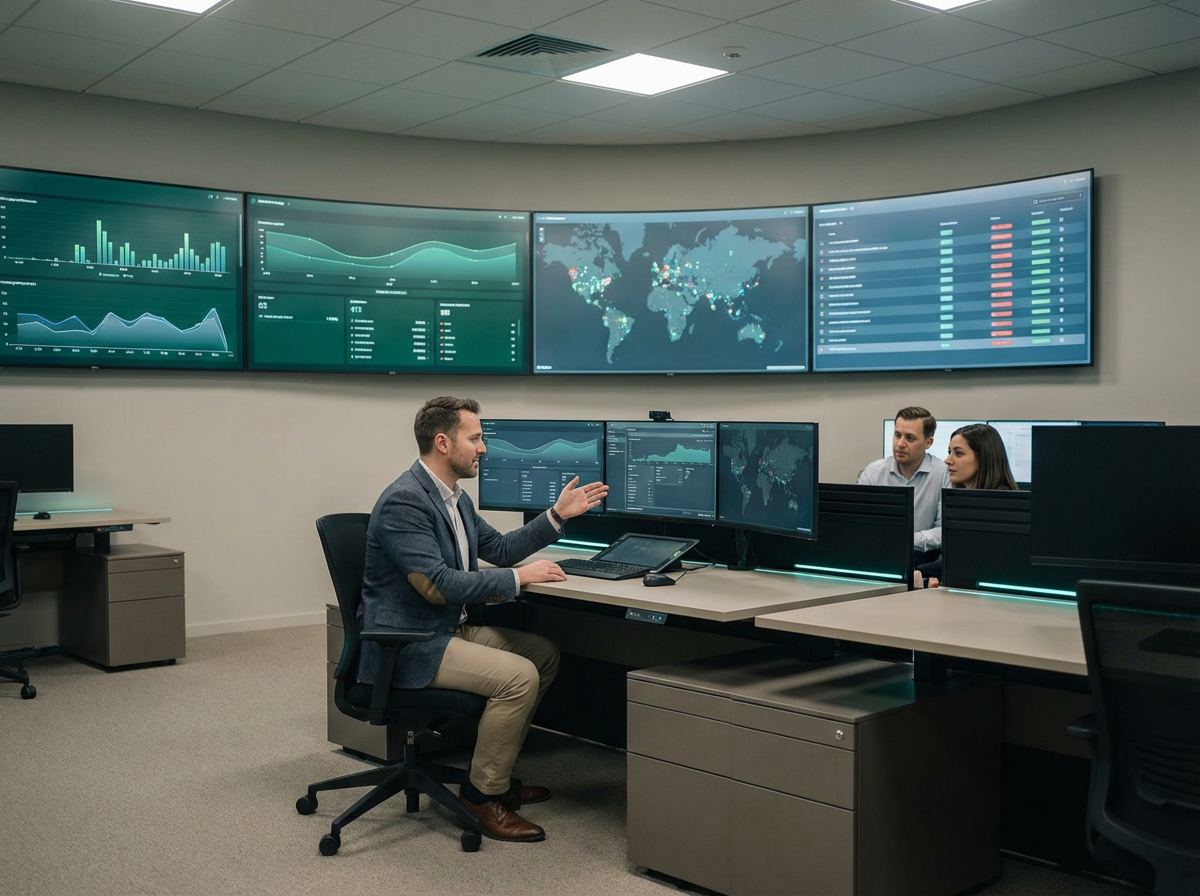 A compliance monitoring scene in a modern office or SOC-like workspace